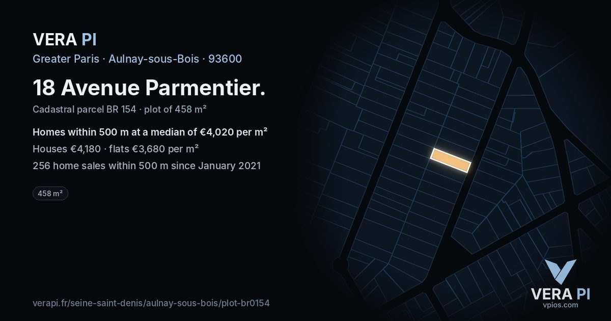 18 Avenue Parmentier, Aulnay-sous-Bois at night – the plot lit, the parcels around coloured by the prices near them