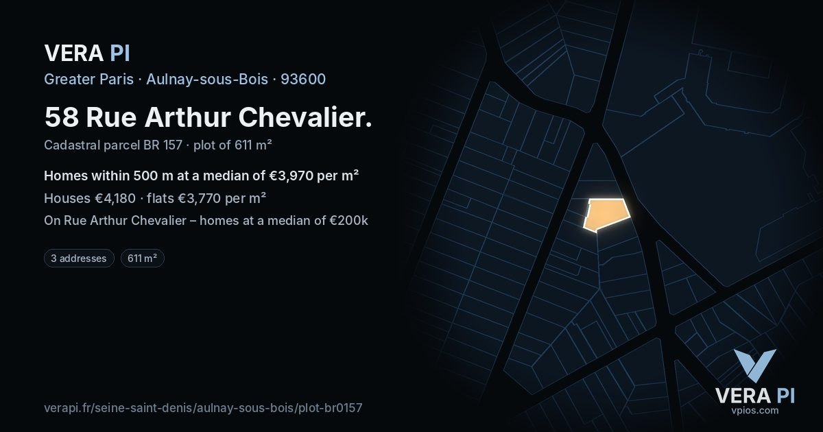 58 Rue Arthur Chevalier, Aulnay-sous-Bois at night – the plot lit, the parcels around coloured by the prices near them