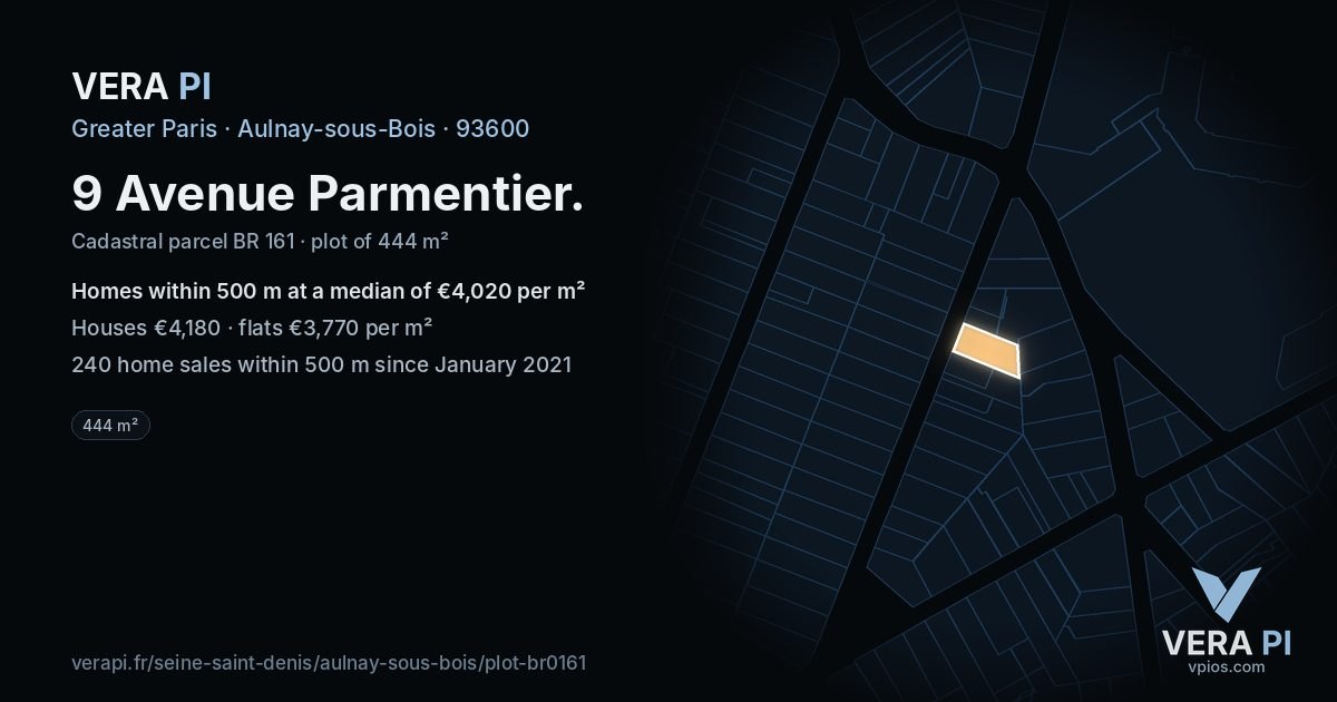 9 Avenue Parmentier, Aulnay-sous-Bois at night – the plot lit, the parcels around coloured by the prices near them