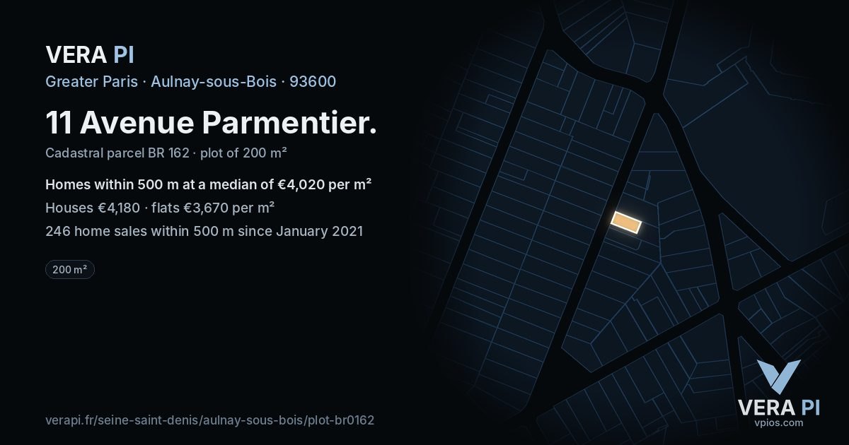 11 Avenue Parmentier, Aulnay-sous-Bois at night – the plot lit, the parcels around coloured by the prices near them