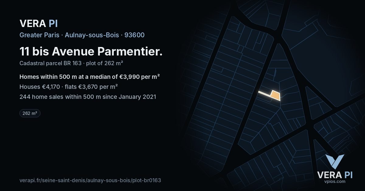 11 bis Avenue Parmentier, Aulnay-sous-Bois at night – the plot lit, the parcels around coloured by the prices near them
