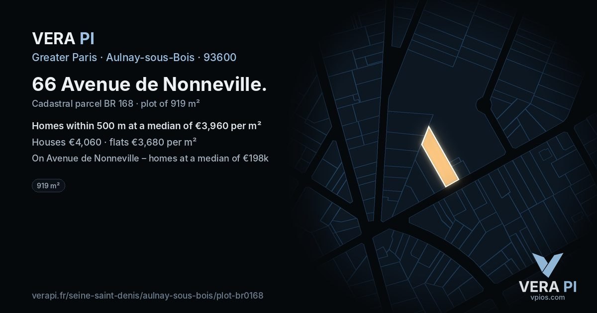 66 Avenue de Nonneville, Aulnay-sous-Bois at night – the plot lit, the parcels around coloured by the prices near them