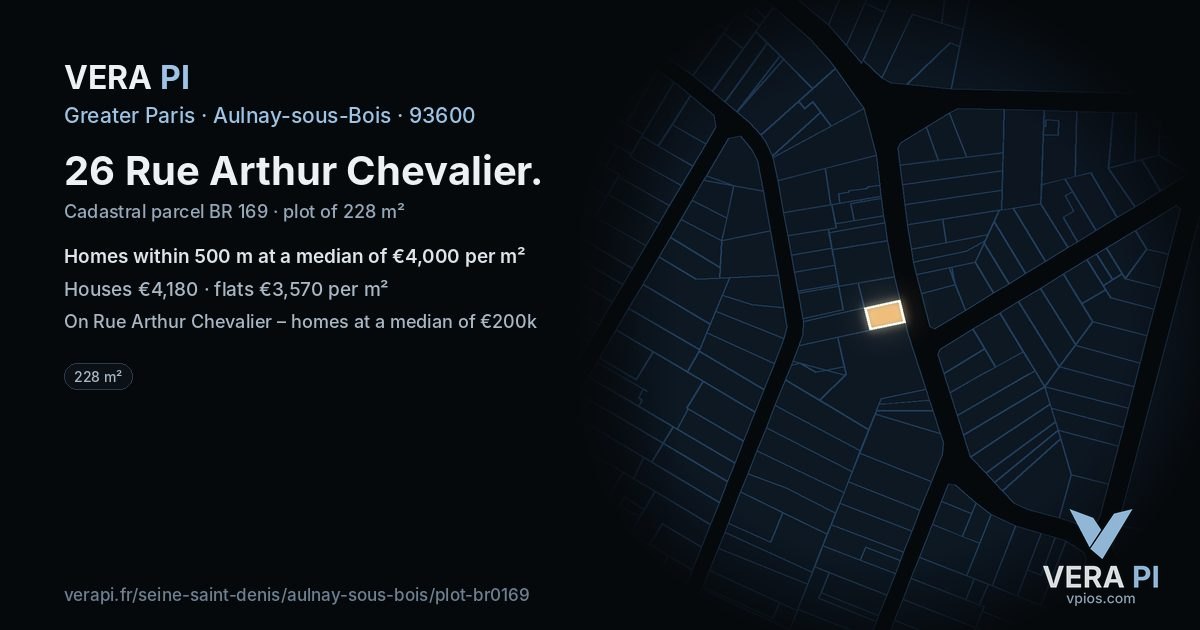26 Rue Arthur Chevalier, Aulnay-sous-Bois at night – the plot lit, the parcels around coloured by the prices near them
