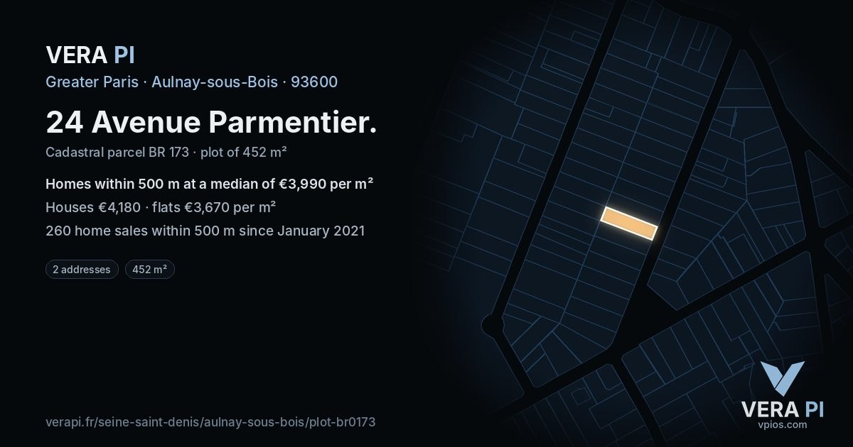 24 Avenue Parmentier, Aulnay-sous-Bois at night – the plot lit, the parcels around coloured by the prices near them