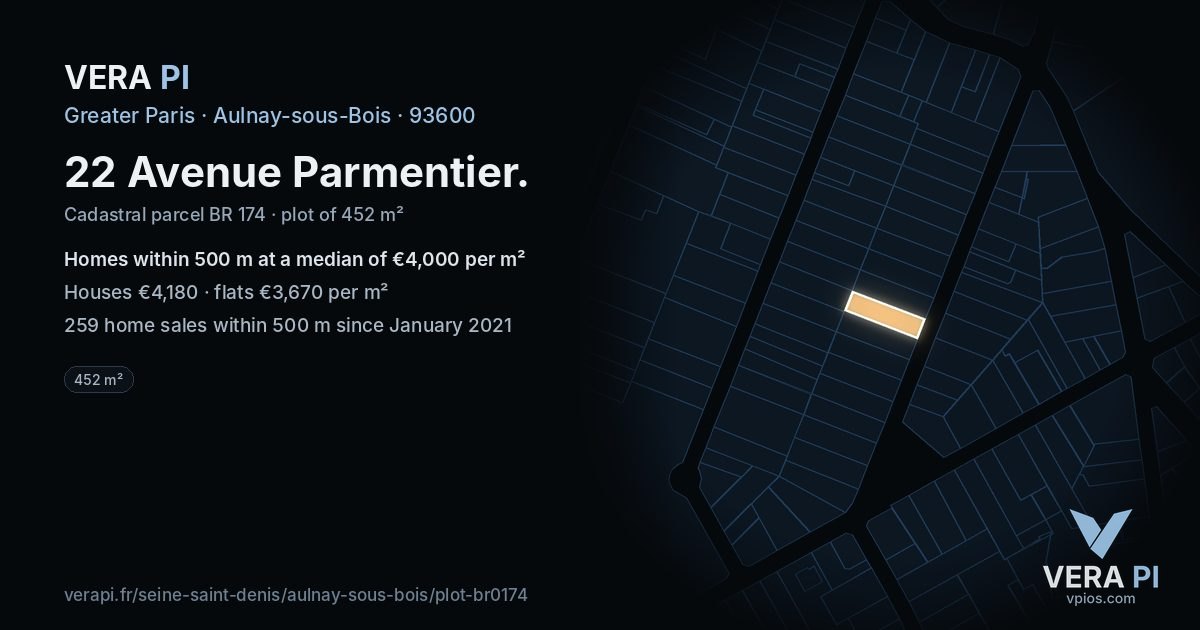 22 Avenue Parmentier, Aulnay-sous-Bois at night – the plot lit, the parcels around coloured by the prices near them
