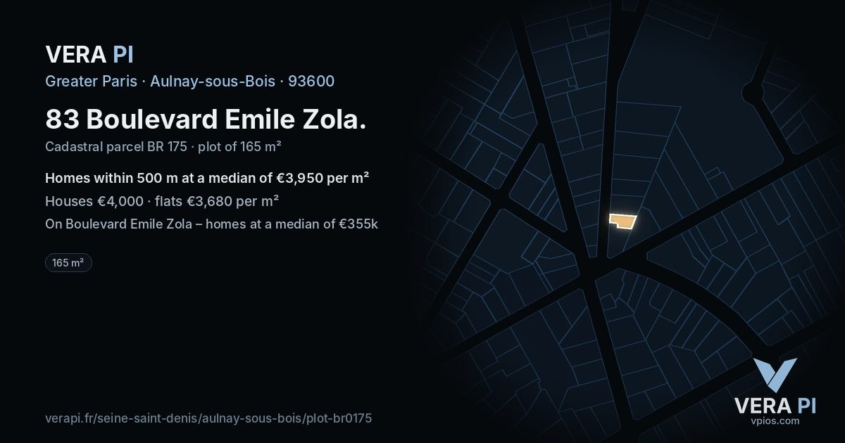 83 Boulevard Emile Zola, Aulnay-sous-Bois at night – the plot lit, the parcels around coloured by the prices near them