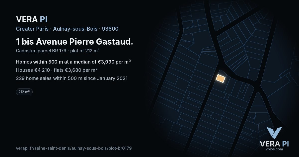 1 bis Avenue Pierre Gastaud, Aulnay-sous-Bois at night – the plot lit, the parcels around coloured by the prices near them