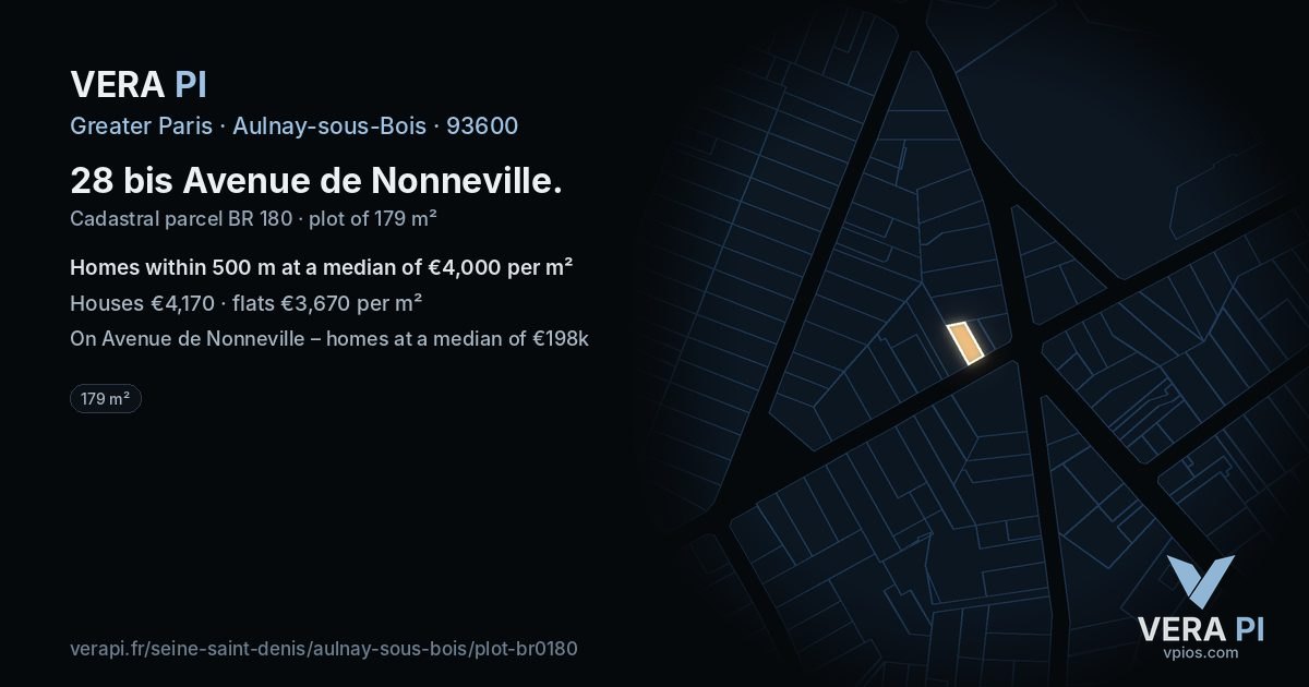 28 bis Avenue de Nonneville, Aulnay-sous-Bois at night – the plot lit, the parcels around coloured by the prices near them