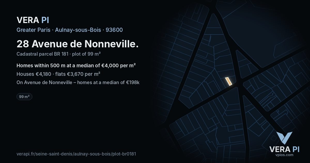 28 Avenue de Nonneville, Aulnay-sous-Bois at night – the plot lit, the parcels around coloured by the prices near them