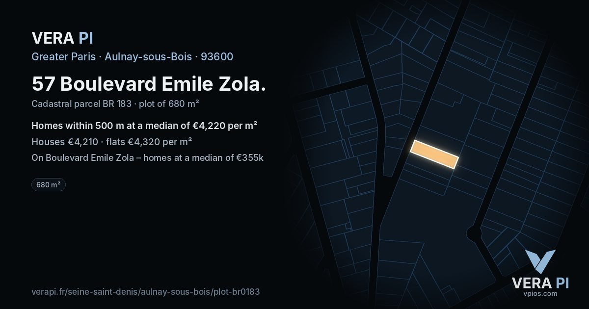 57 Boulevard Emile Zola, Aulnay-sous-Bois at night – the plot lit, the parcels around coloured by the prices near them