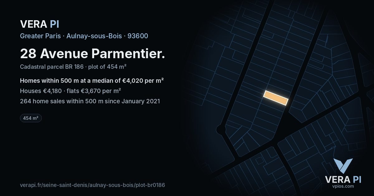 28 Avenue Parmentier, Aulnay-sous-Bois at night – the plot lit, the parcels around coloured by the prices near them