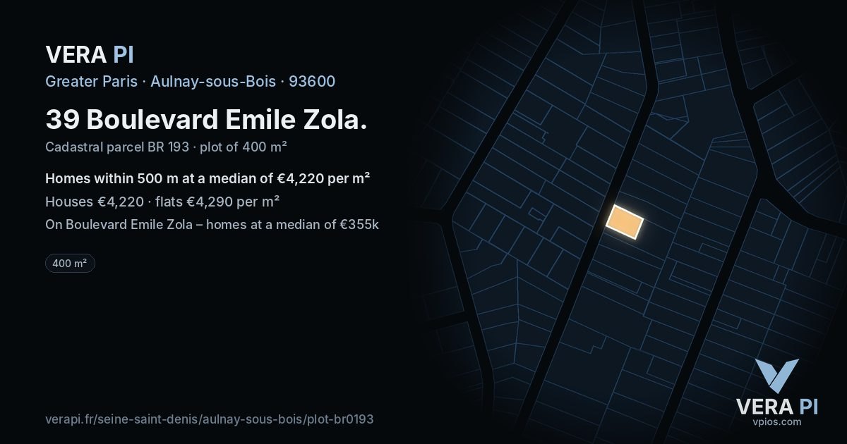 39 Boulevard Emile Zola, Aulnay-sous-Bois at night – the plot lit, the parcels around coloured by the prices near them