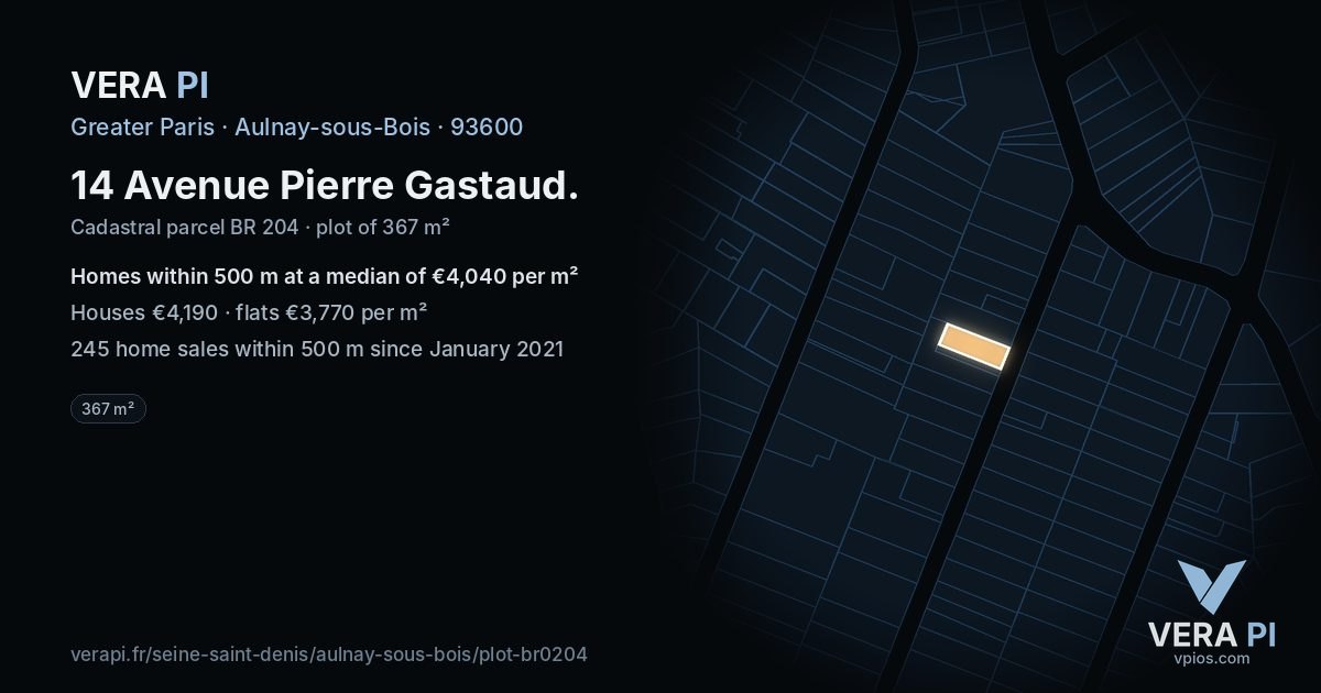 14 Avenue Pierre Gastaud, Aulnay-sous-Bois at night – the plot lit, the parcels around coloured by the prices near them