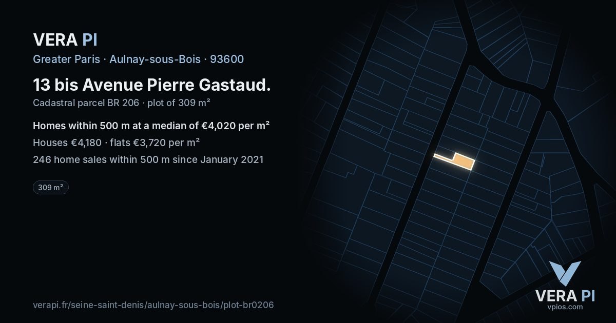 13 bis Avenue Pierre Gastaud, Aulnay-sous-Bois at night – the plot lit, the parcels around coloured by the prices near them
