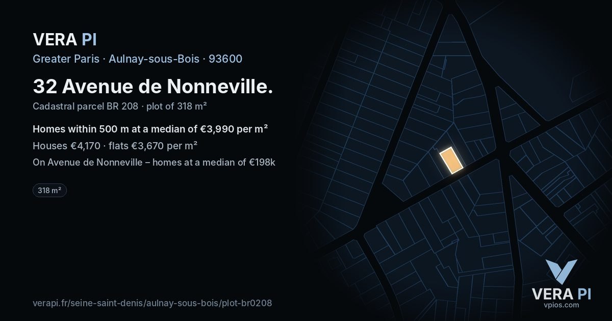 32 Avenue de Nonneville, Aulnay-sous-Bois at night – the plot lit, the parcels around coloured by the prices near them