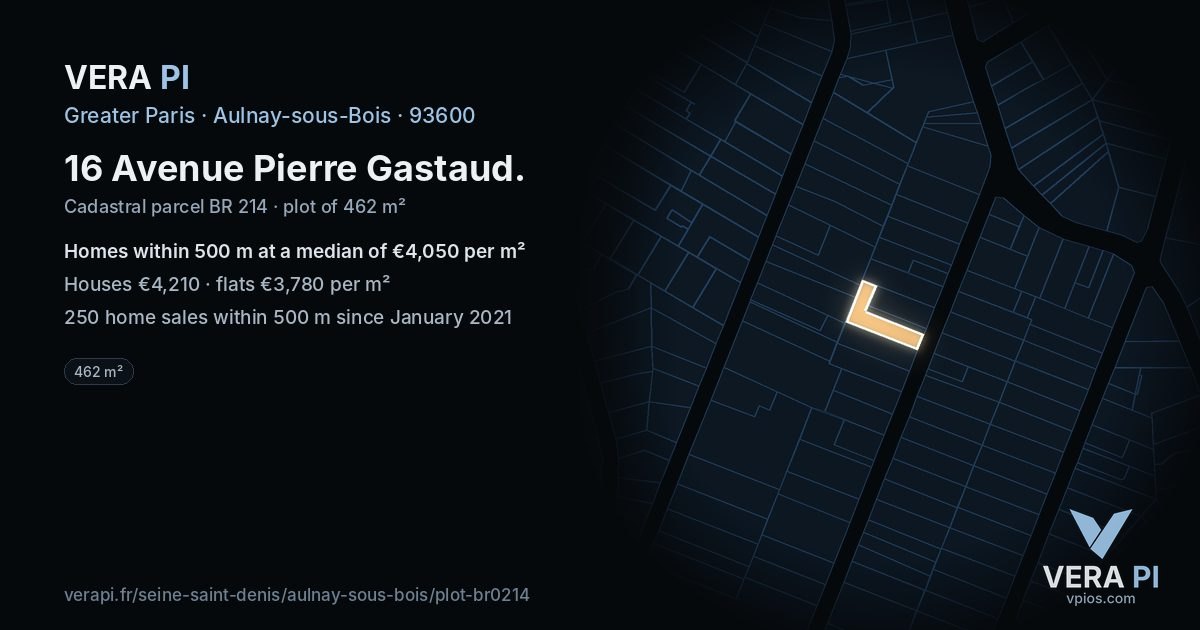 16 Avenue Pierre Gastaud, Aulnay-sous-Bois at night – the plot lit, the parcels around coloured by the prices near them