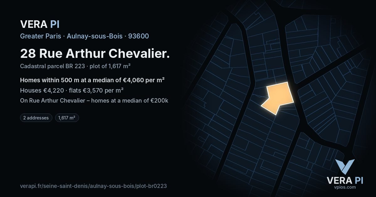 28 Rue Arthur Chevalier, Aulnay-sous-Bois at night – the plot lit, the parcels around coloured by the prices near them