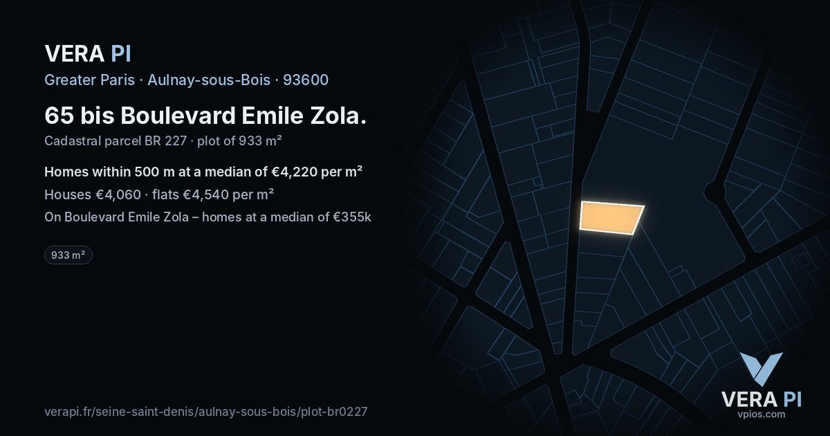 65 bis Boulevard Emile Zola, Aulnay-sous-Bois at night – the plot lit, the parcels around coloured by the prices near them