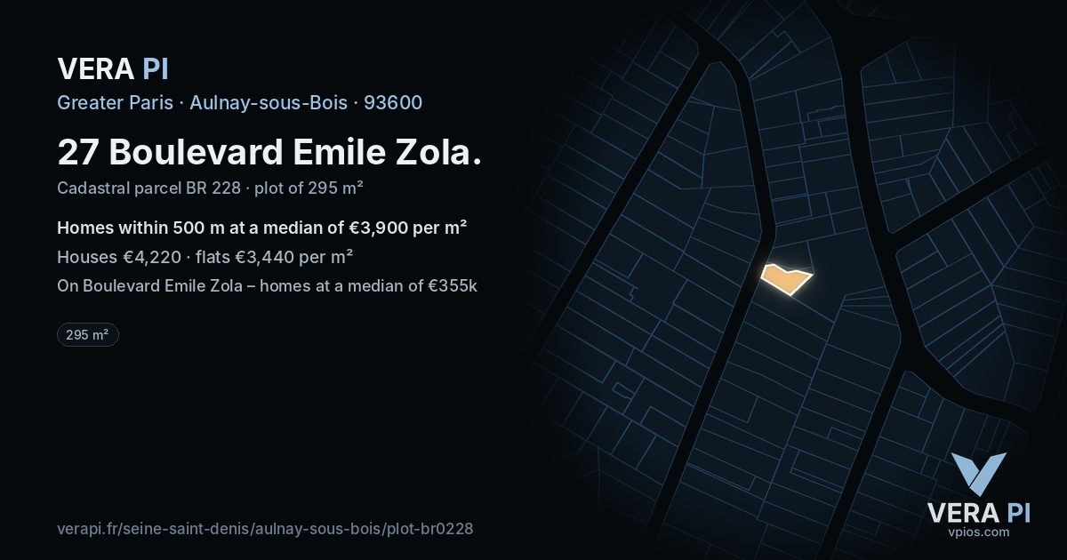 27 Boulevard Emile Zola, Aulnay-sous-Bois at night – the plot lit, the parcels around coloured by the prices near them