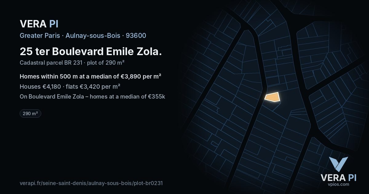 25 ter Boulevard Emile Zola, Aulnay-sous-Bois at night – the plot lit, the parcels around coloured by the prices near them