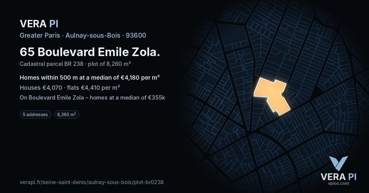 65 Boulevard Emile Zola, Aulnay-sous-Bois at night – the plot lit, the parcels around coloured by the prices near them