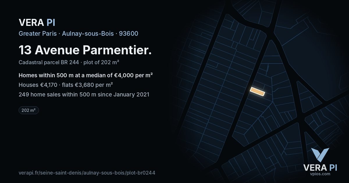 13 Avenue Parmentier, Aulnay-sous-Bois at night – the plot lit, the parcels around coloured by the prices near them