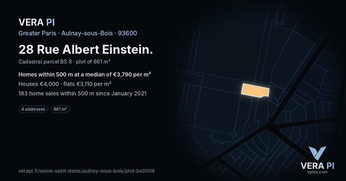 28 Rue Albert Einstein, Aulnay-sous-Bois at night – the plot lit, the parcels around coloured by the prices near them