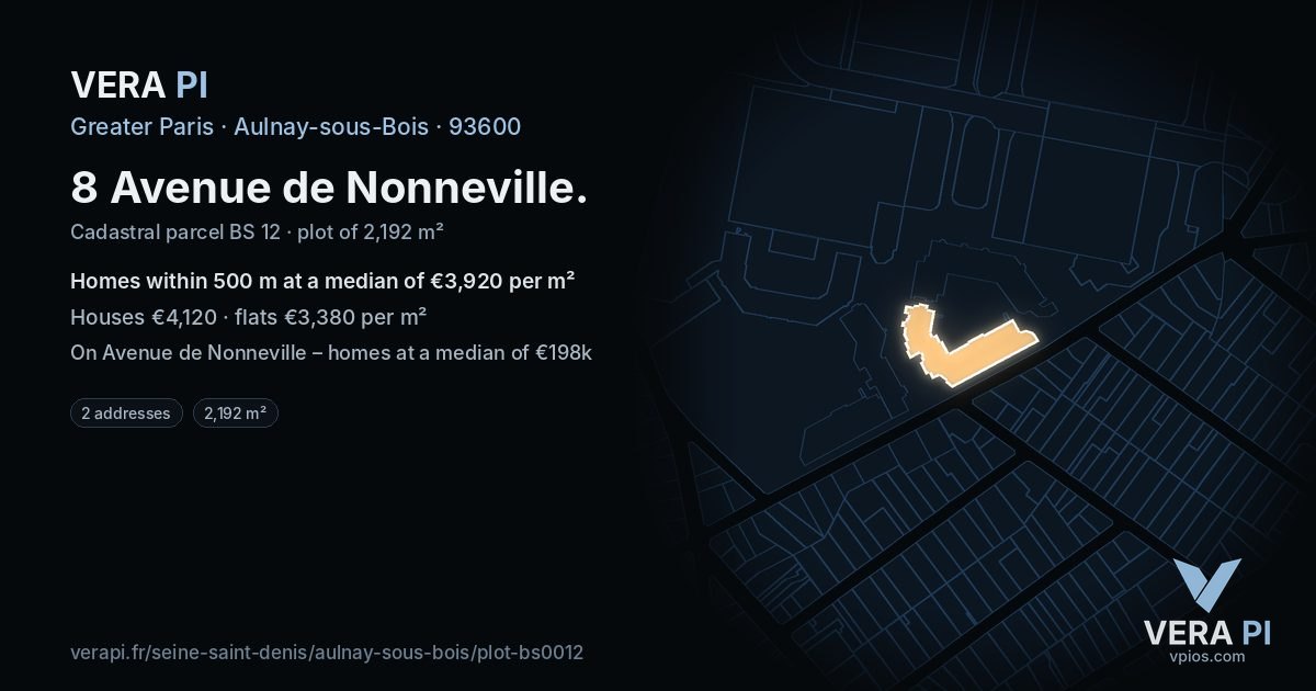8 Avenue de Nonneville, Aulnay-sous-Bois at night – the plot lit, the parcels around coloured by the prices near them