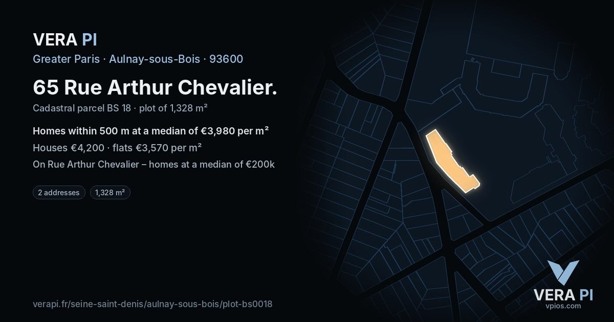 65 Rue Arthur Chevalier, Aulnay-sous-Bois at night – the plot lit, the parcels around coloured by the prices near them