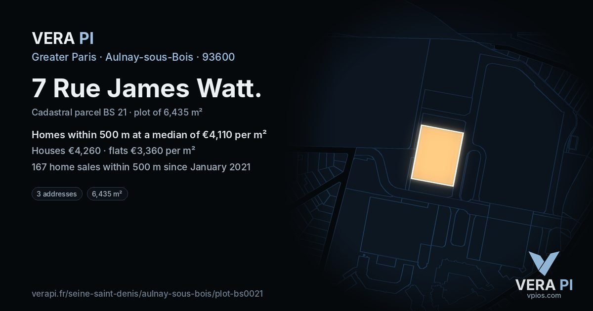 7 Rue James Watt, Aulnay-sous-Bois at night – the plot lit, the parcels around coloured by the prices near them
