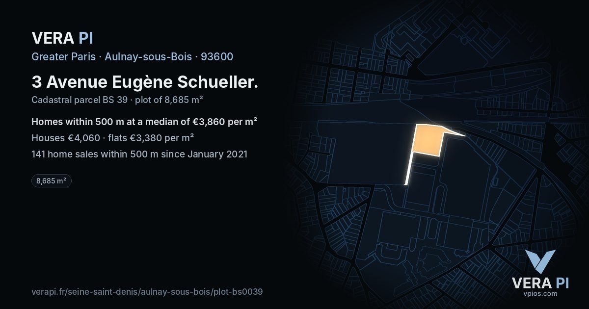 3 Avenue Eugène Schueller, Aulnay-sous-Bois at night – the plot lit, the parcels around coloured by the prices near them