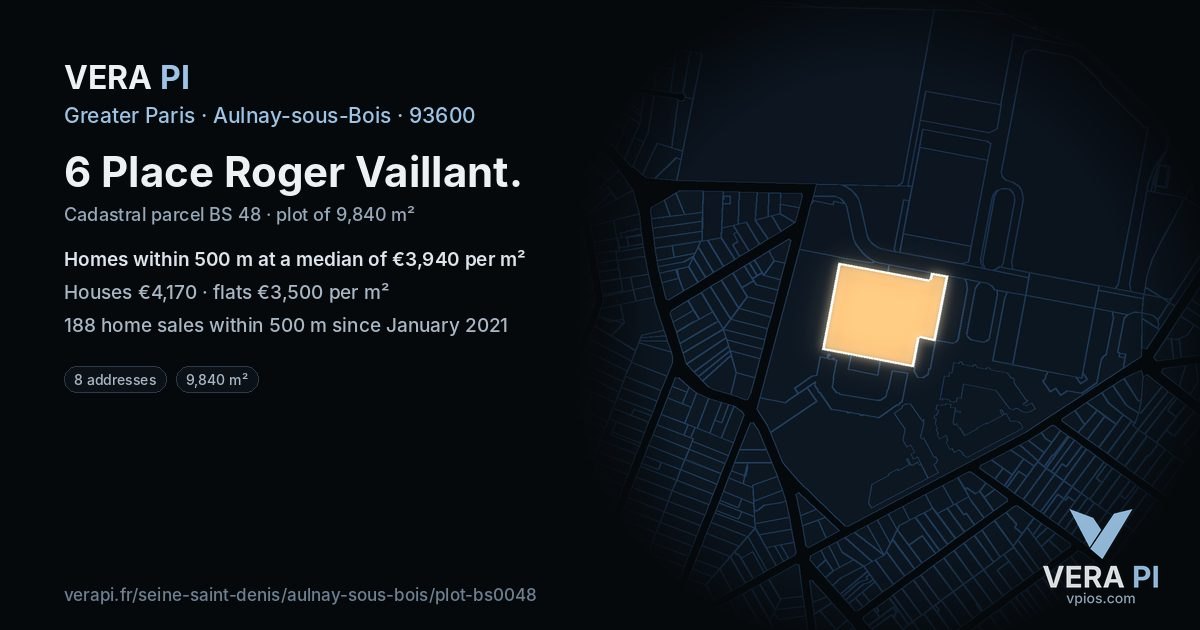 6 Place Roger Vaillant, Aulnay-sous-Bois at night – the plot lit, the parcels around coloured by the prices near them
