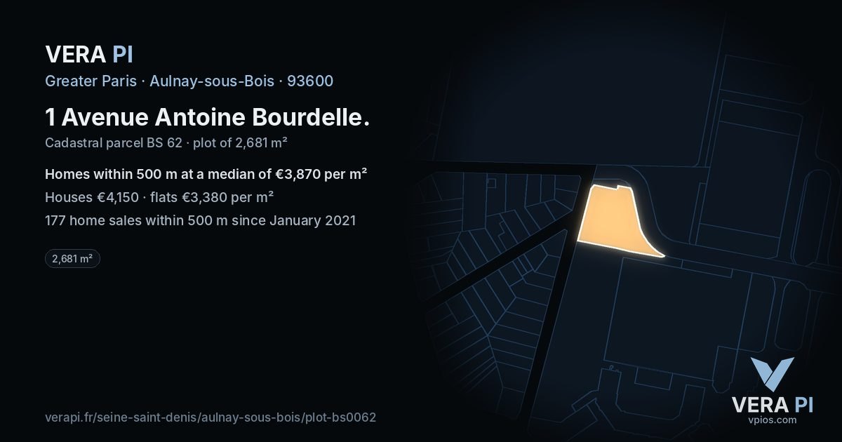 1 Avenue Antoine Bourdelle, Aulnay-sous-Bois at night – the plot lit, the parcels around coloured by the prices near them