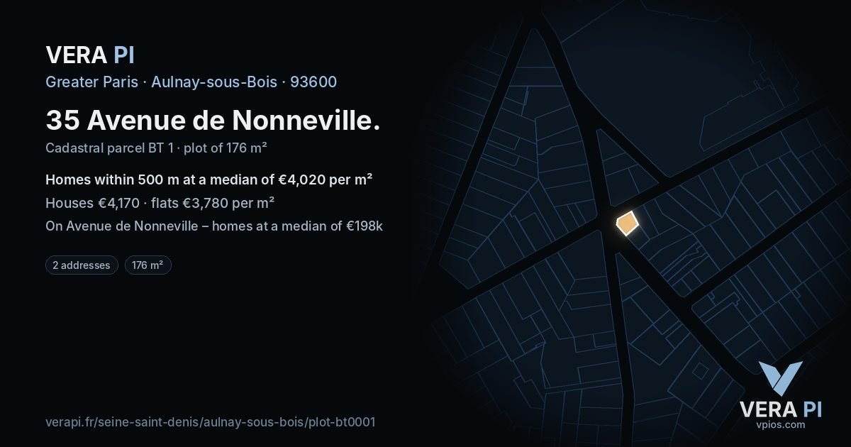35 Avenue de Nonneville, Aulnay-sous-Bois at night – the plot lit, the parcels around coloured by the prices near them