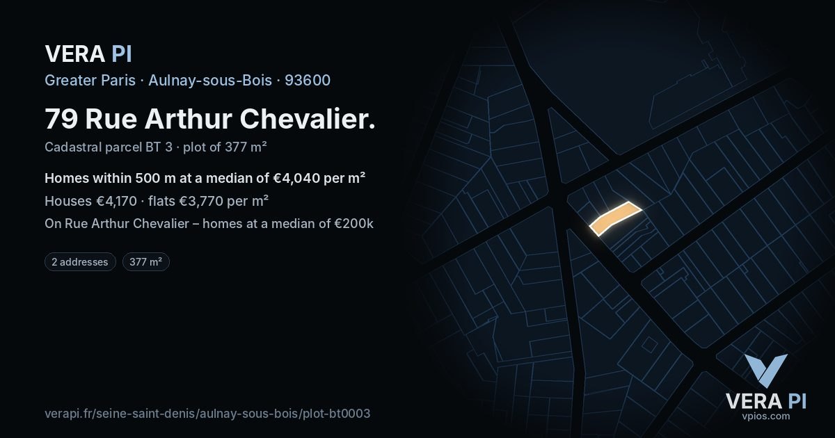 79 Rue Arthur Chevalier, Aulnay-sous-Bois at night – the plot lit, the parcels around coloured by the prices near them