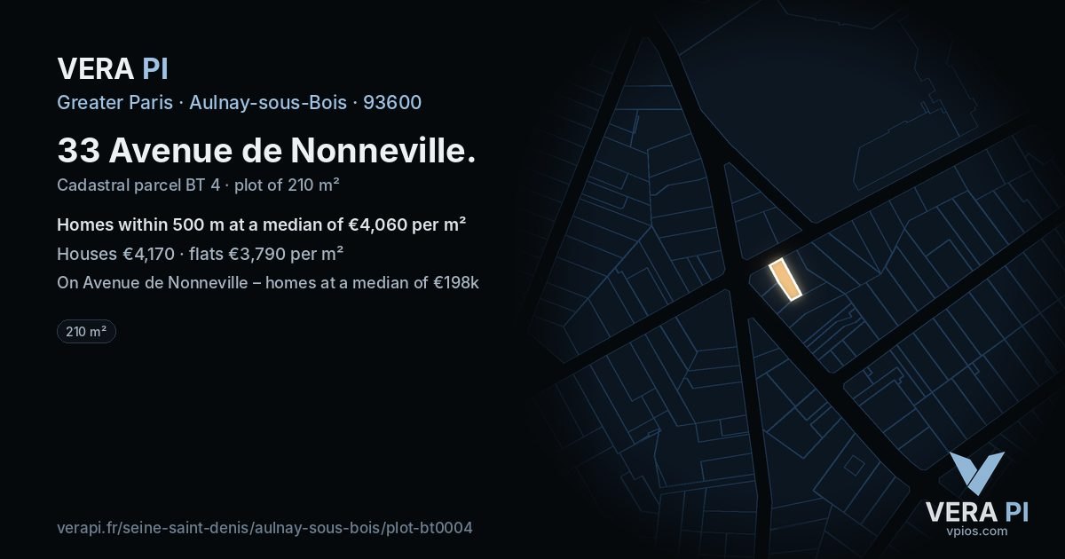 33 Avenue de Nonneville, Aulnay-sous-Bois at night – the plot lit, the parcels around coloured by the prices near them