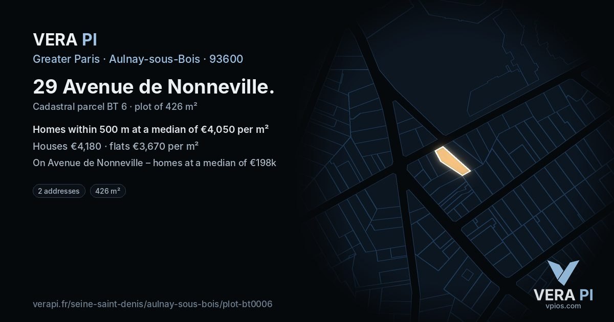 29 Avenue de Nonneville, Aulnay-sous-Bois at night – the plot lit, the parcels around coloured by the prices near them