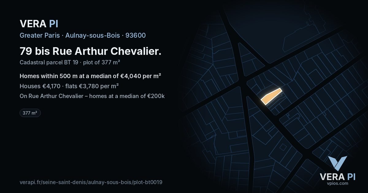 79 bis Rue Arthur Chevalier, Aulnay-sous-Bois at night – the plot lit, the parcels around coloured by the prices near them