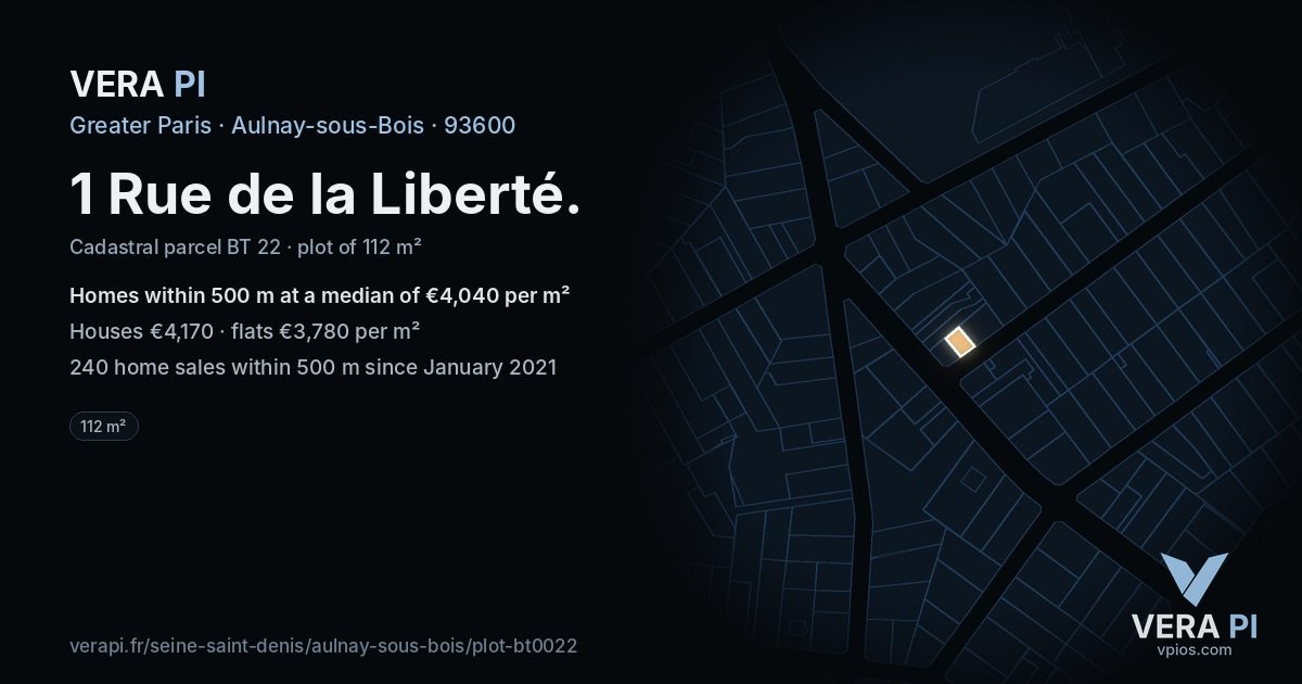 1 Rue de la Liberté, Aulnay-sous-Bois at night – the plot lit, the parcels around coloured by the prices near them