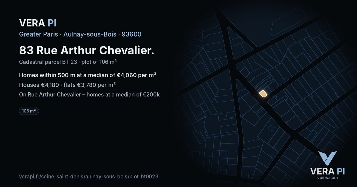 83 Rue Arthur Chevalier, Aulnay-sous-Bois at night – the plot lit, the parcels around coloured by the prices near them