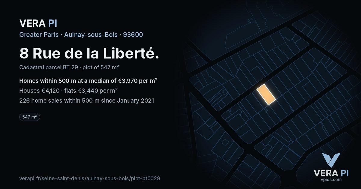 8 Rue de la Liberté, Aulnay-sous-Bois at night – the plot lit, the parcels around coloured by the prices near them
