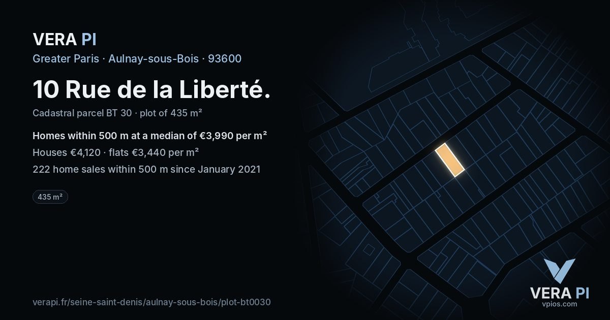 10 Rue de la Liberté, Aulnay-sous-Bois at night – the plot lit, the parcels around coloured by the prices near them