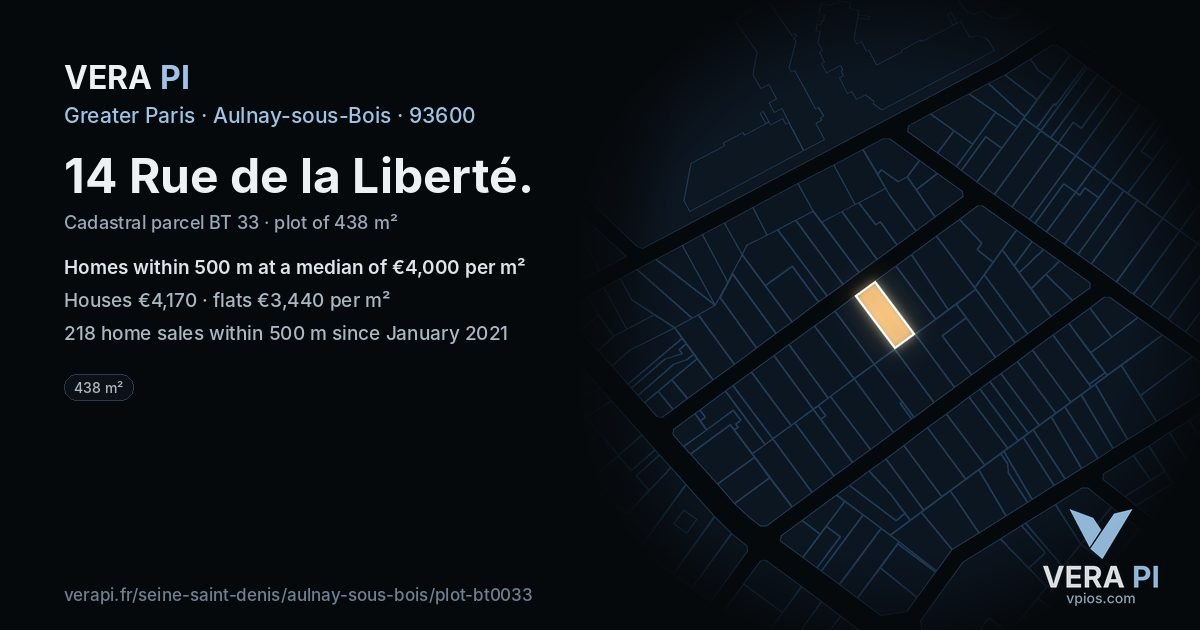 14 Rue de la Liberté, Aulnay-sous-Bois at night – the plot lit, the parcels around coloured by the prices near them