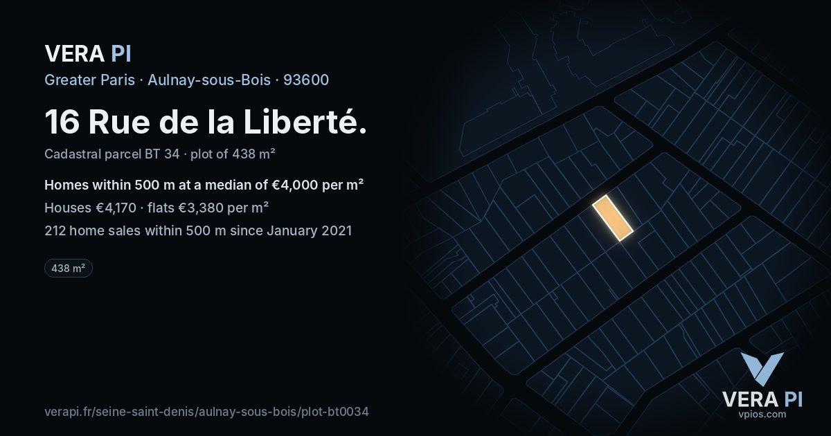 16 Rue de la Liberté, Aulnay-sous-Bois at night – the plot lit, the parcels around coloured by the prices near them