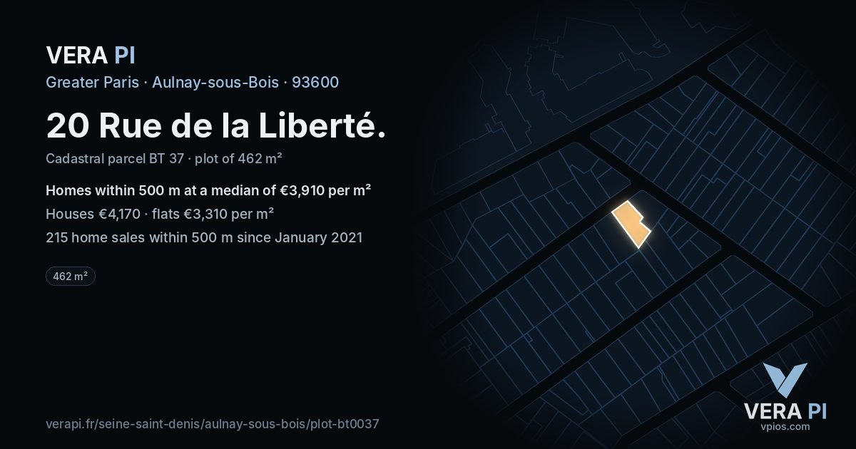 20 Rue de la Liberté, Aulnay-sous-Bois at night – the plot lit, the parcels around coloured by the prices near them