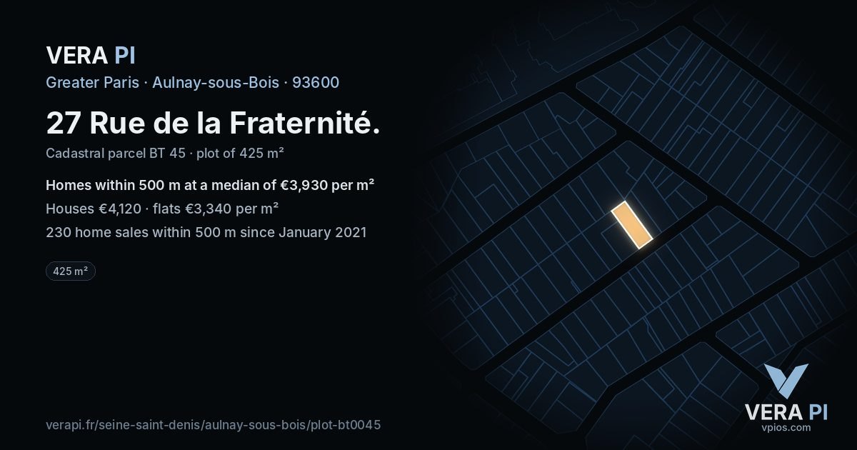 27 Rue de la Fraternité, Aulnay-sous-Bois at night – the plot lit, the parcels around coloured by the prices near them