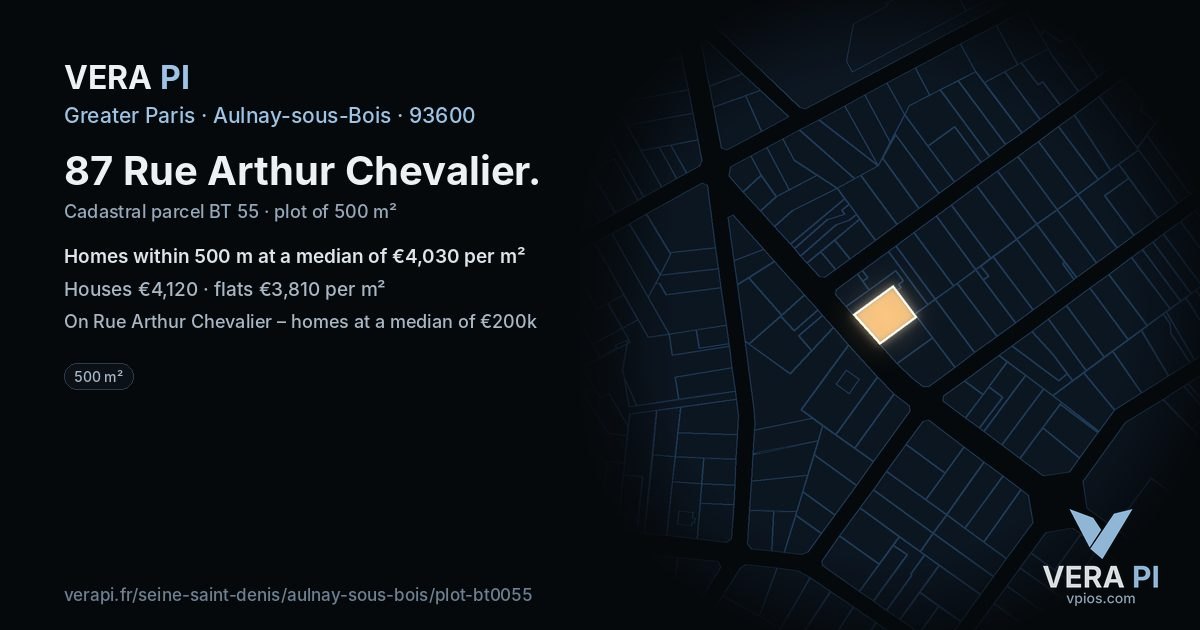 87 Rue Arthur Chevalier, Aulnay-sous-Bois at night – the plot lit, the parcels around coloured by the prices near them