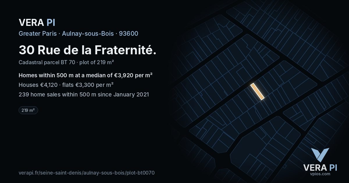 30 Rue de la Fraternité, Aulnay-sous-Bois at night – the plot lit, the parcels around coloured by the prices near them
