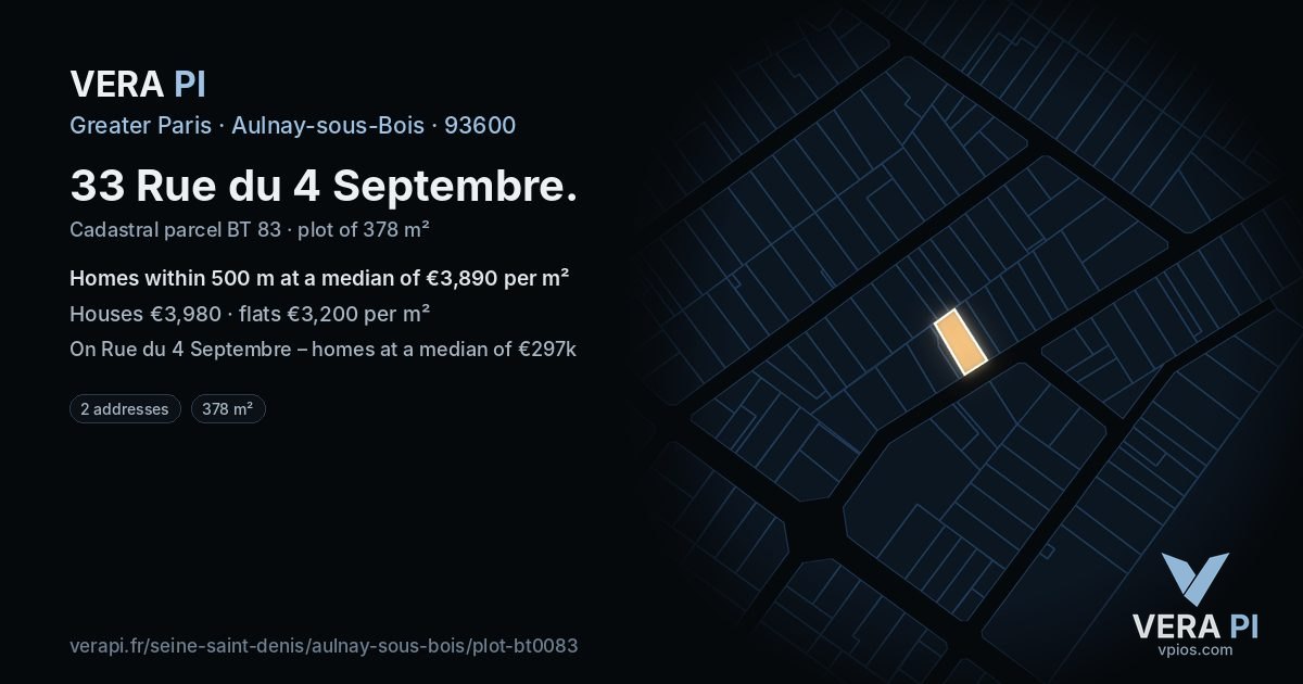 33 Rue du 4 Septembre, Aulnay-sous-Bois at night – the plot lit, the parcels around coloured by the prices near them