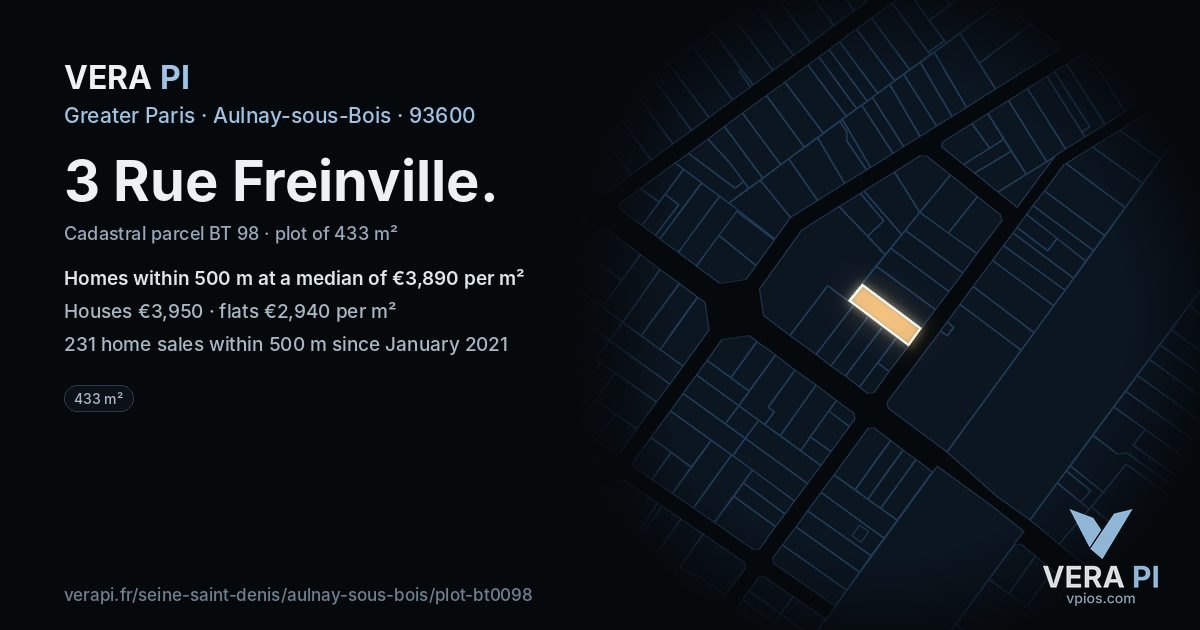 3 Rue Freinville, Aulnay-sous-Bois at night – the plot lit, the parcels around coloured by the prices near them